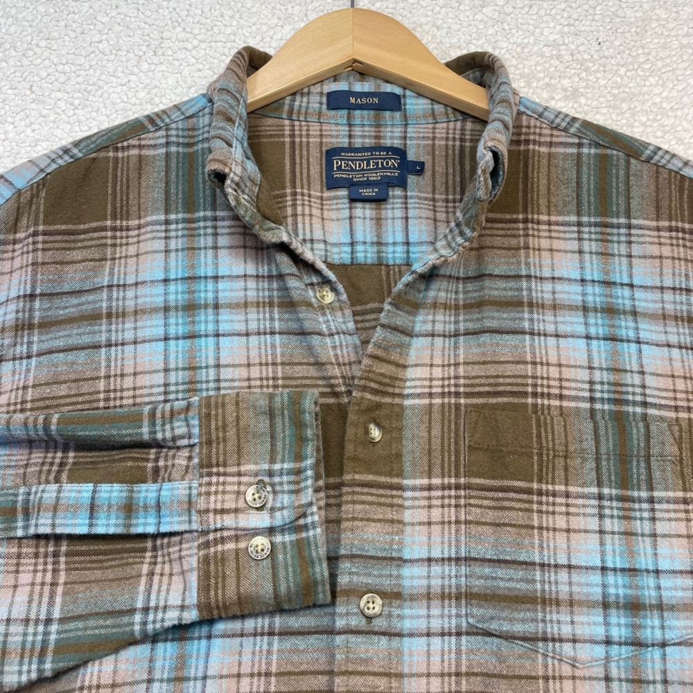 Pendleton Shirt Mens L Brown Blue Mason Plaid Flannel Button Down RA351-79379